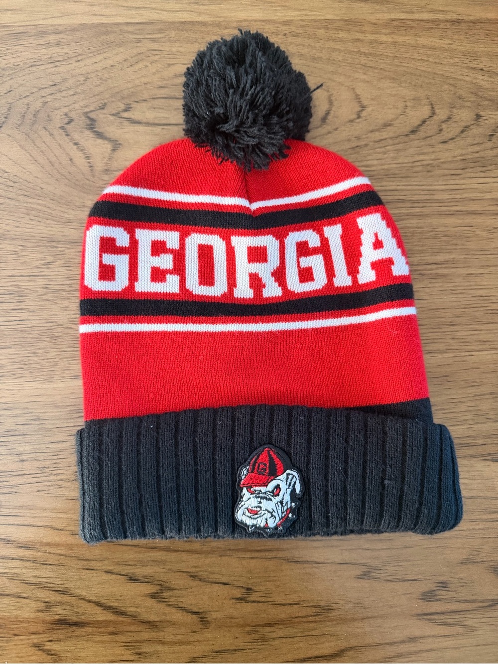 Kids Georgia Red & Black Pom Pom Knit Beanie